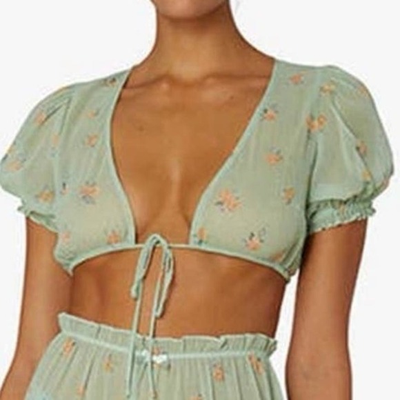 NWT WeWoreWhat REVOLVE Sea Green Puff Sleeve Crop Front-Tie Floral Top - XL - Picture 1 of 3